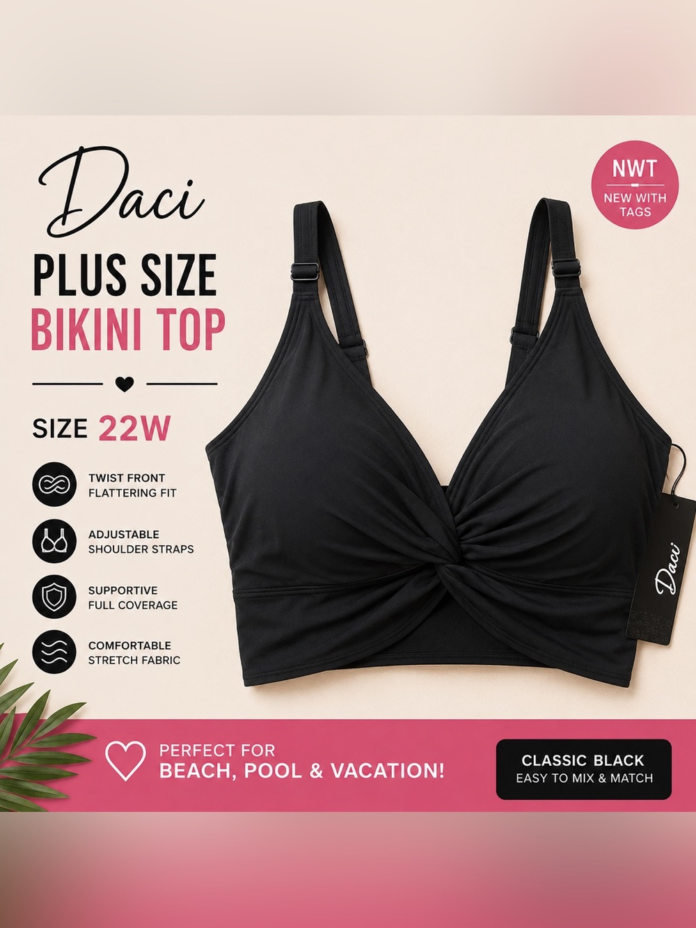 Daci Black Plus Size Twist Front Bikini Swim Top 22W NWT